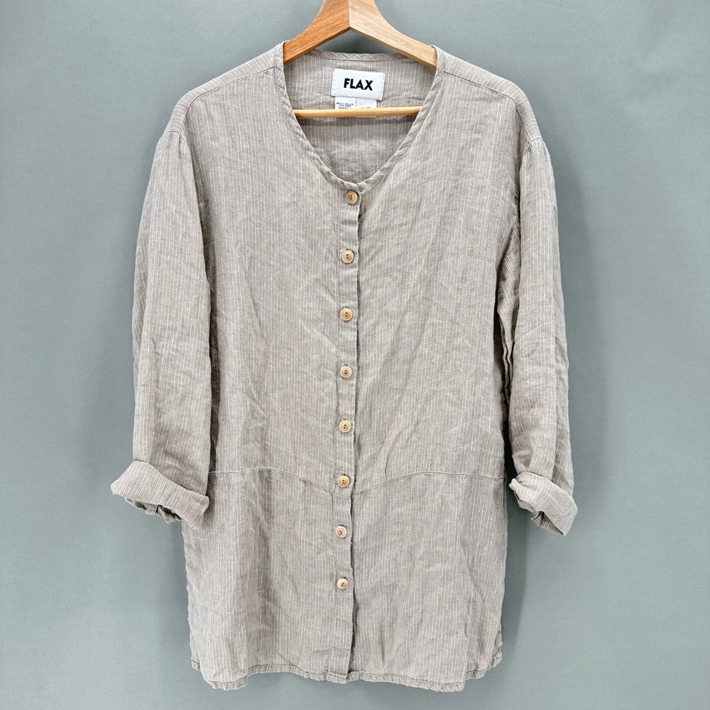 FLAX Linen Pinstripe Button Front Tunic Top Shirt Beige Womens Small‎ Lagenlook